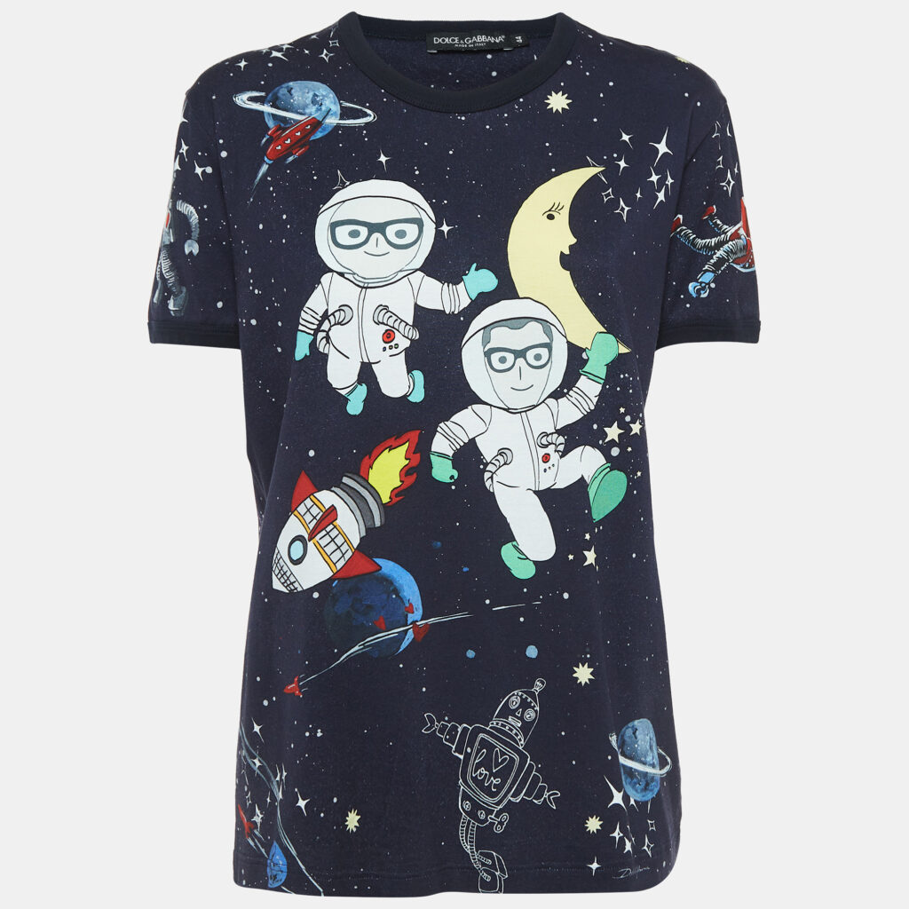 luxury-women-dolcegabbana-used-clothes-p918873-002 Dolce & Gabbana Navy Blue Space Print Cotton Half Sleeve T-Shirt M