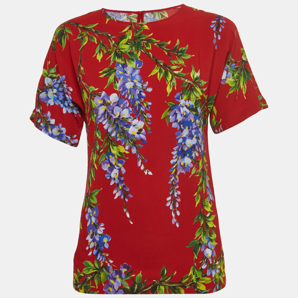 luxury-women-dolcegabbana-used-clothes-p939362-001 Dolce & Gabbana Red Floral Print Crepe Short Sleeve Blouse S