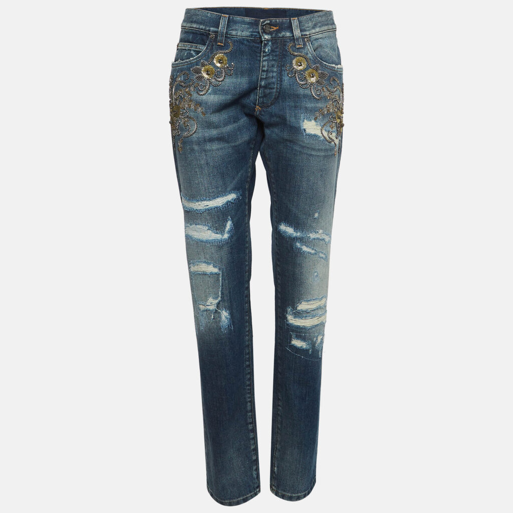 luxury-women-dolcegabbana-used-clothes-p975146-001 Dolce & Gabbana Navy Blue Ripped Denim Crystal Embellished Jeans L Waist 33"
