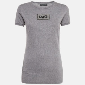 Dolce & Gabbana Grey Logo Embellished Cotton Knit T-Shirt S