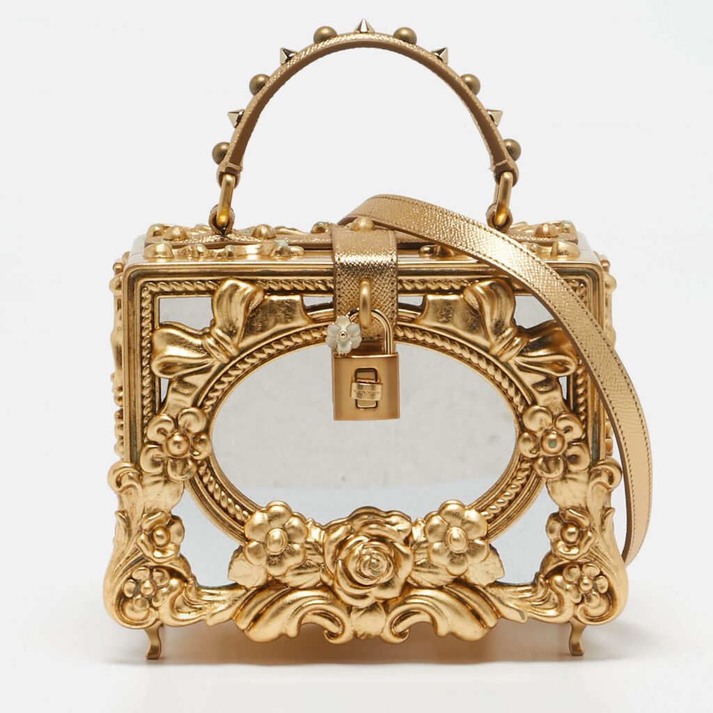 Dolce & Gabbana Gold Acrylic and Wood Leaf Dolce Box Bag