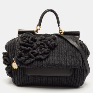 Dolce & Gabbana Black/Grey Wool and Leather Large Miss Sicily Top Handle Bag