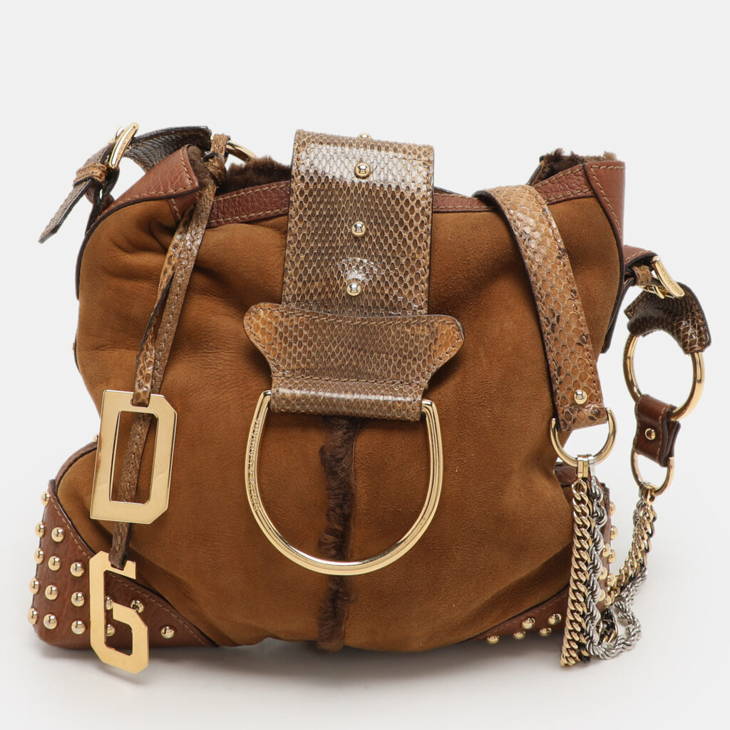 luxury-women-dolcegabbana-used-handbags-p1156082-001 Dolce & Gabbana Brown Nubuck Leather and Snakeskin Studded Shoulder Bag