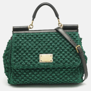 dolce & gabbana green/black crochet lurex fabric large miss sicily top handle bag