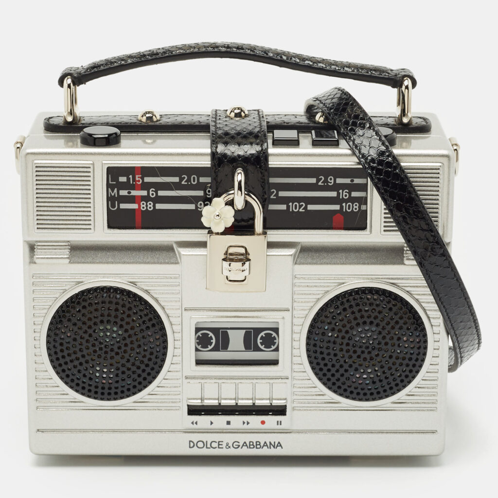 luxury-women-dolcegabbana-used-handbags-p1161740-007 Dolce & Gabbana Grey/Black Acrylic and Snakeskin Trim Radio Boom Box Top Handle Bag