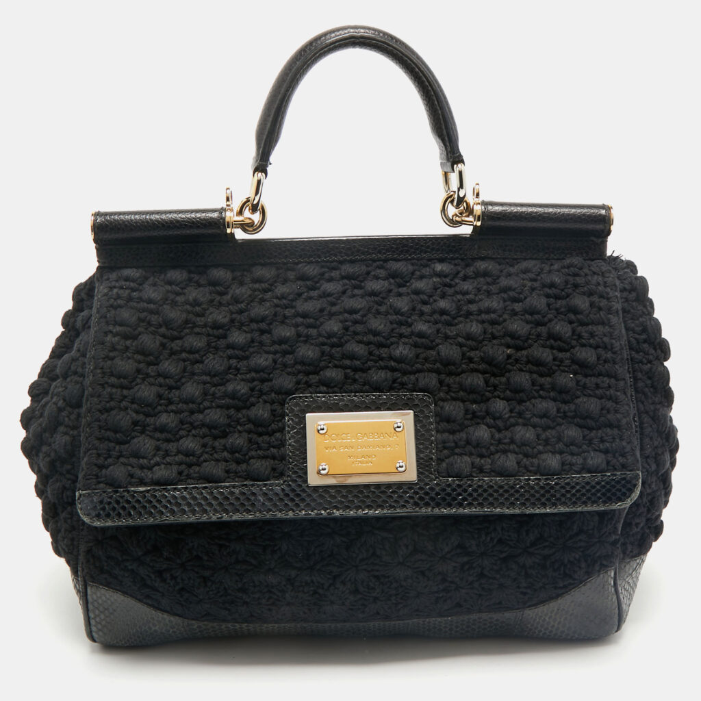 luxury-women-dolcegabbana-used-handbags-p1163126-015.jpg Dolce & Gabbana Black Crochet and Snakeskin Large Miss Sicily Top Handle Bag