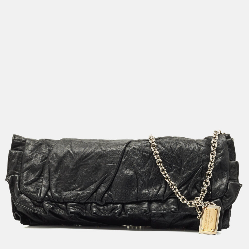 luxury-women-dolcegabbana-used-handbags-p1166549-010 Dolce & Gabbana Black Pleated Leather Chain Clutch