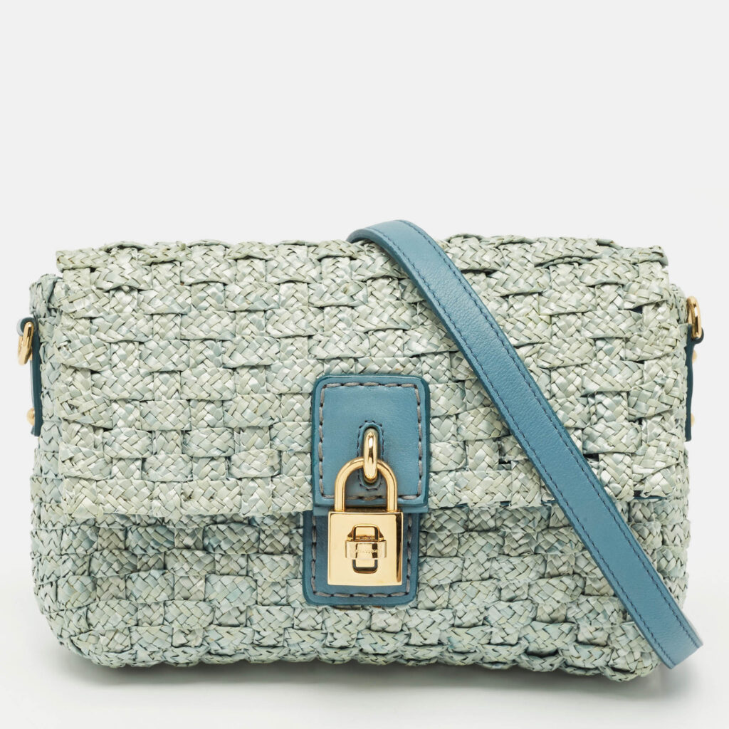 Dolce & Gabbana Blue Woven Raffia and Leather Padlock Shoulder Bag