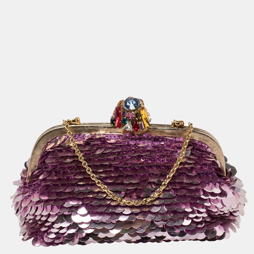 luxury-women-dolcegabbana-used-handbags-p417614-015 Dolce & Gabbana Pink Sequin Crystal Embellished Lock Frame Chain Clutch