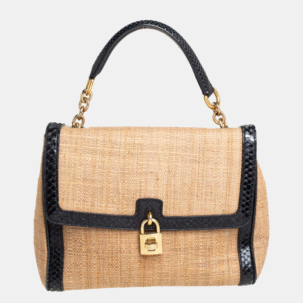 luxury-women-dolcegabbana-used-handbags-p418858-020 Dolce & Gabbana Beige/Black Raffia and Python Trim Miss Dolce Top Handle Bag