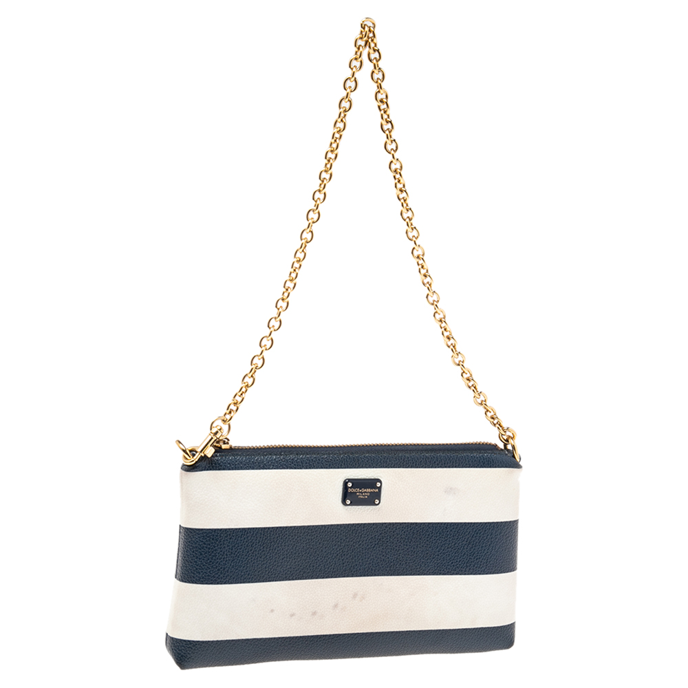 luxury-women-dolcegabbana-used-handbags-p525166-005-1 Dolce & Gabbana Blue/White Striped Leather Chain Pouch