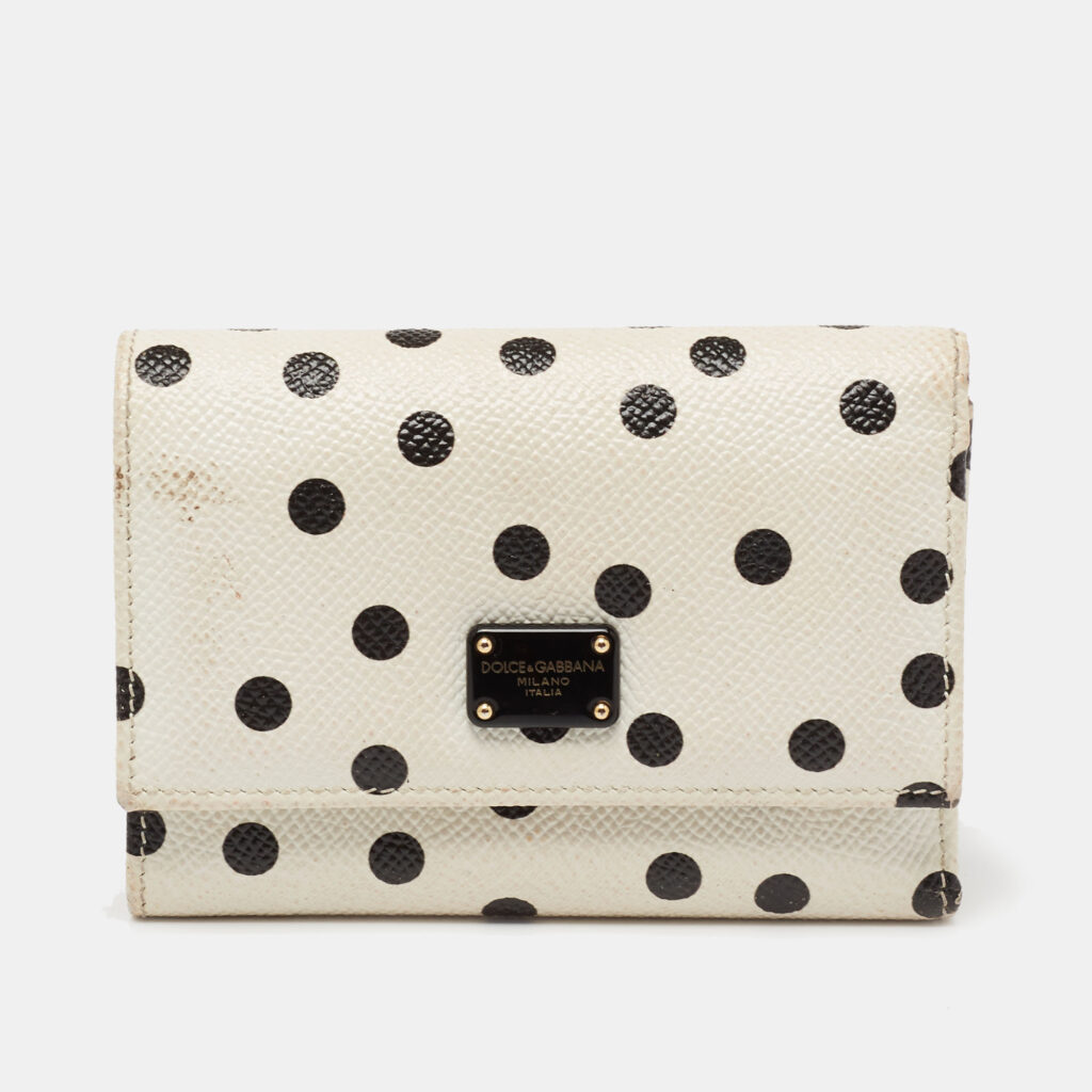 luxury-women-dolcegabbana-used-handbags-p626775-001-2 Dolce & Gabbana White/Black Polka Dot Print Leather Trifold Compact Wallet