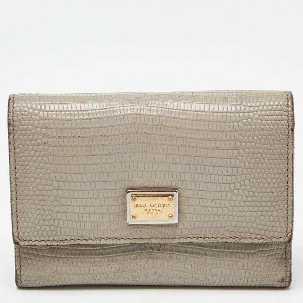 luxury-women-dolcegabbana-used-handbags-p941179-006 Dolce & Gabbana Grey Lizard Embossed Leather Trifold Wallet