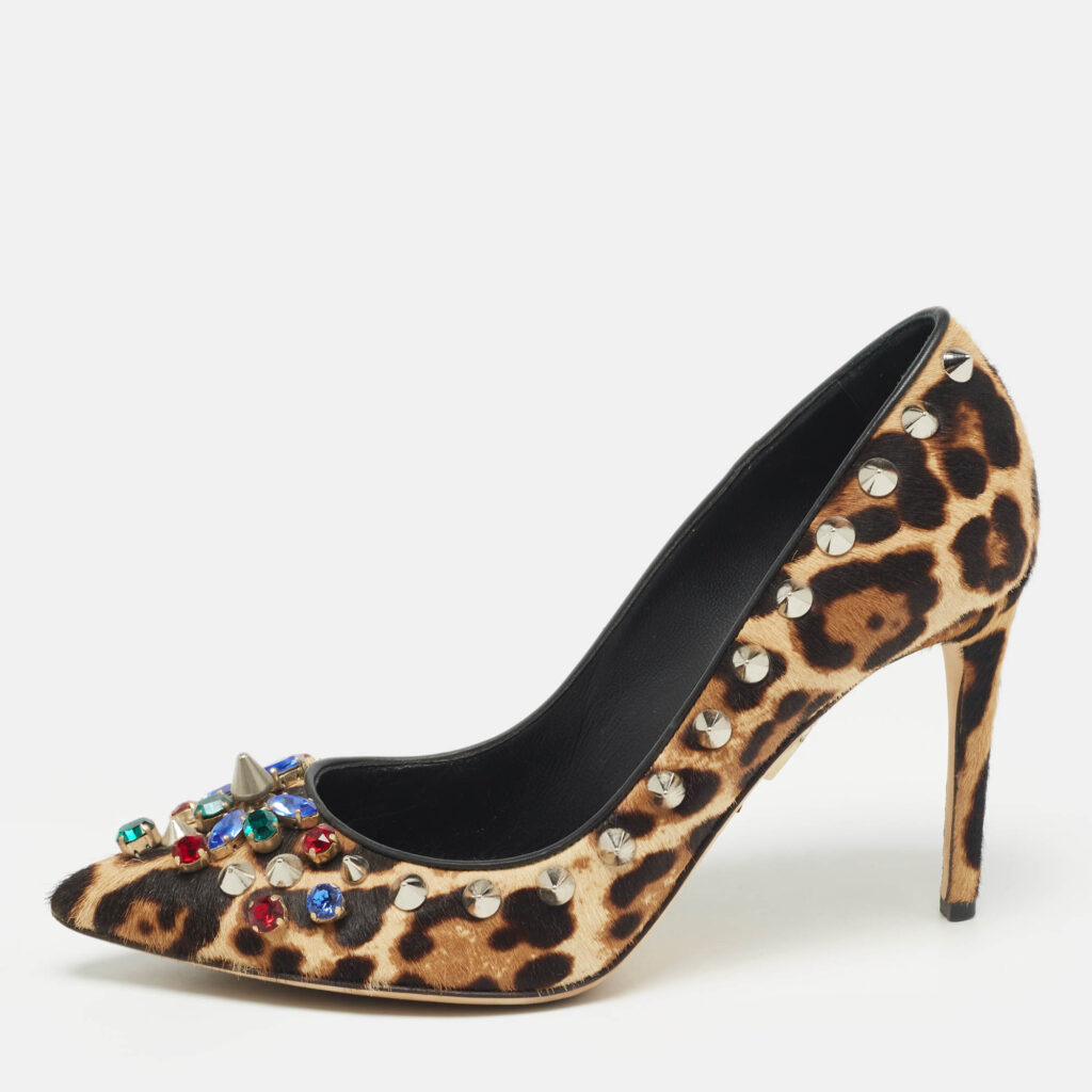 luxury-women-dolcegabbana-used-shoes-p1027613-003 Dolce & Gabbana Brown/Beige Leopard Print Calf Hair Studded Pumps Size 37.5