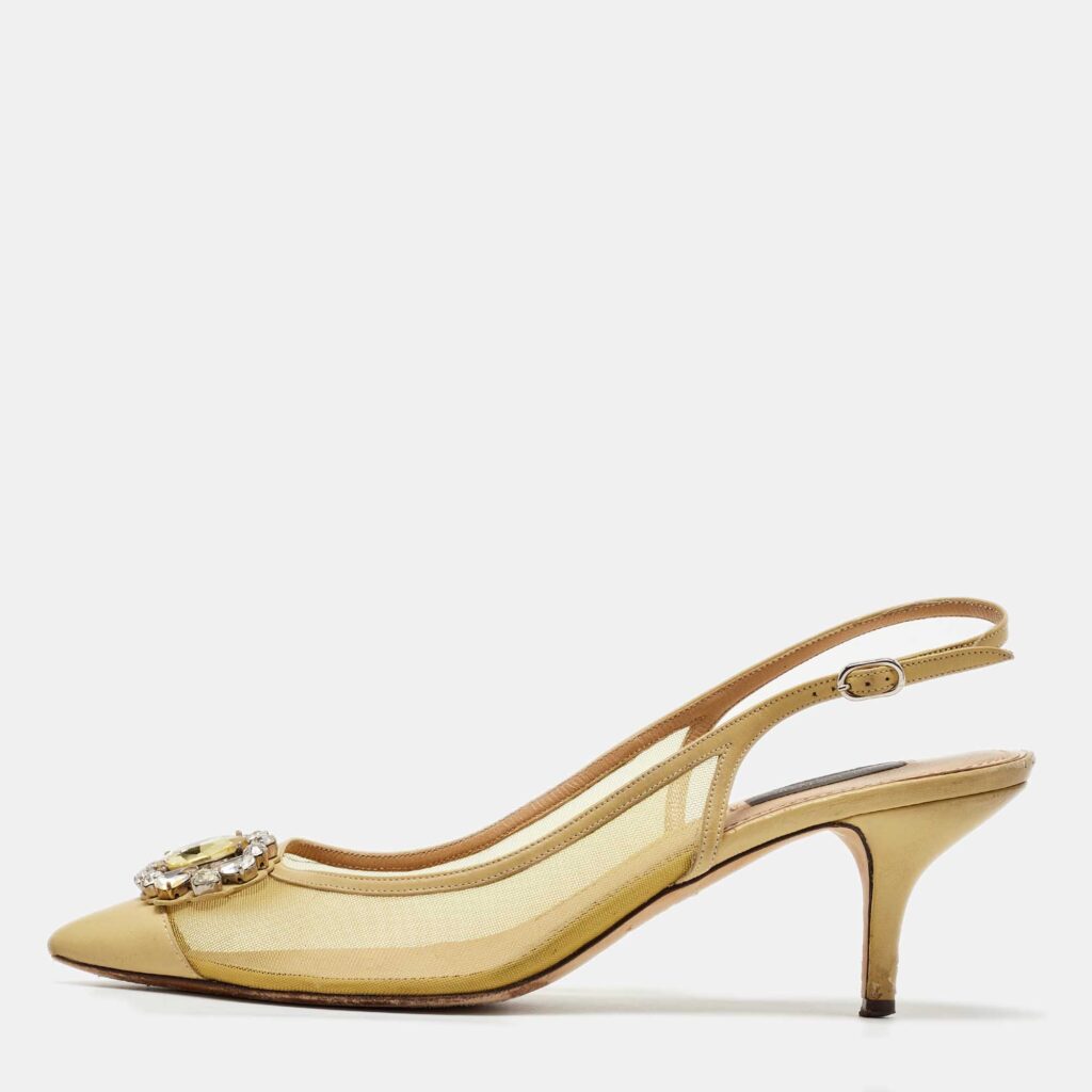 luxury-women-dolcegabbana-used-shoes-p1078865-003 Dolce & Gabbana Yellow Mesh and Leather Crystal Embellished Slingback Pumps Size 39