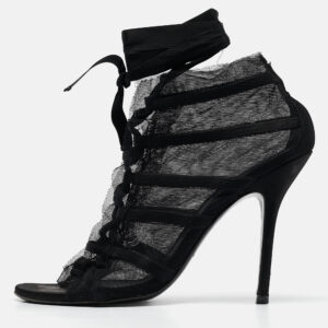 Dolce & Gabbana Black Mesh and Satin Lace Up Peep Toe Booties Size 40