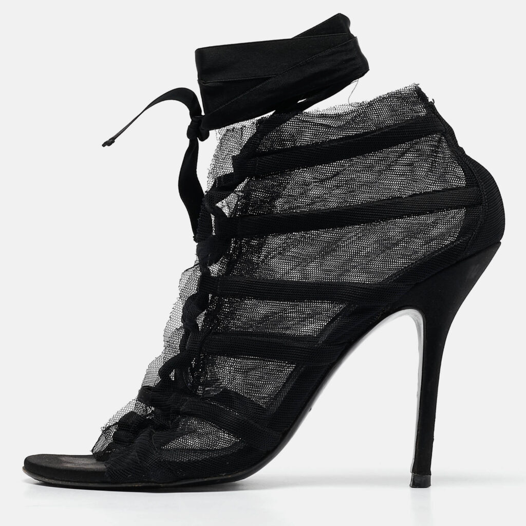 luxury-women-dolcegabbana-used-shoes-p1079937-010 Dolce & Gabbana Black Mesh and Satin Lace Up Peep Toe Booties Size 40