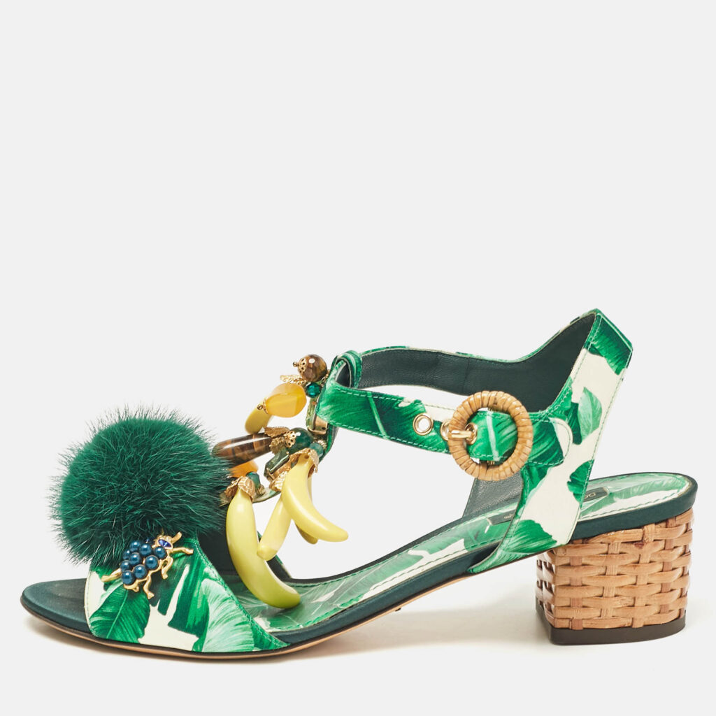 luxury-women-dolcegabbana-used-shoes-p1088849-010 Dolce & Gabbana Green Satin and Fur Banana Embellished T-Strap Sandals Size 39