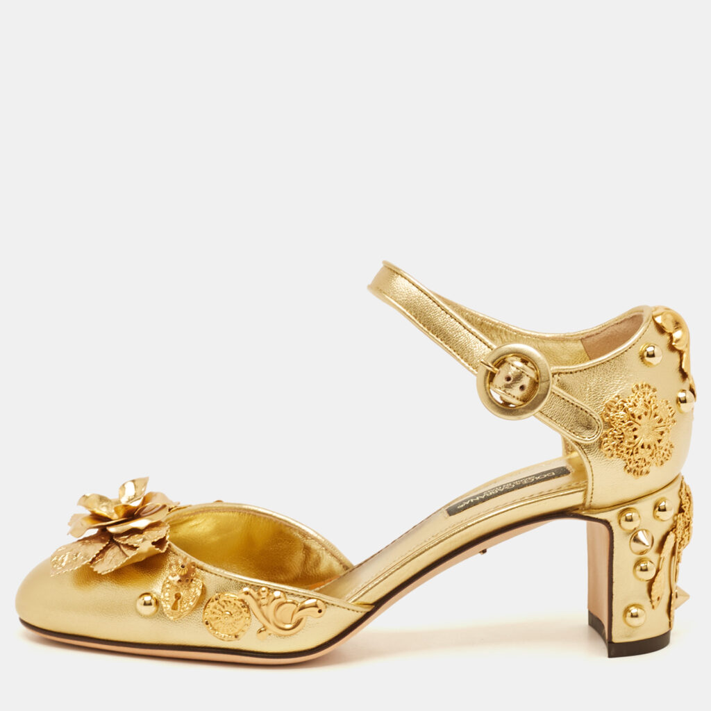 luxury-women-dolcegabbana-used-shoes-p1092935-001 Dolce & Gabbana Gold Leather Embellished Ankle Strap Sandals Size 35