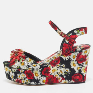 Dolce & Gabbana Red Floral Print Brocade Fabric Wedge Sandals Size 35