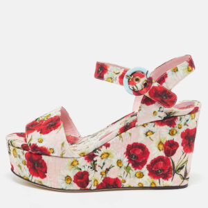 Dolce & Gabbana Pink Floral Print Brocade Fabric Wedge Sandals Size 35