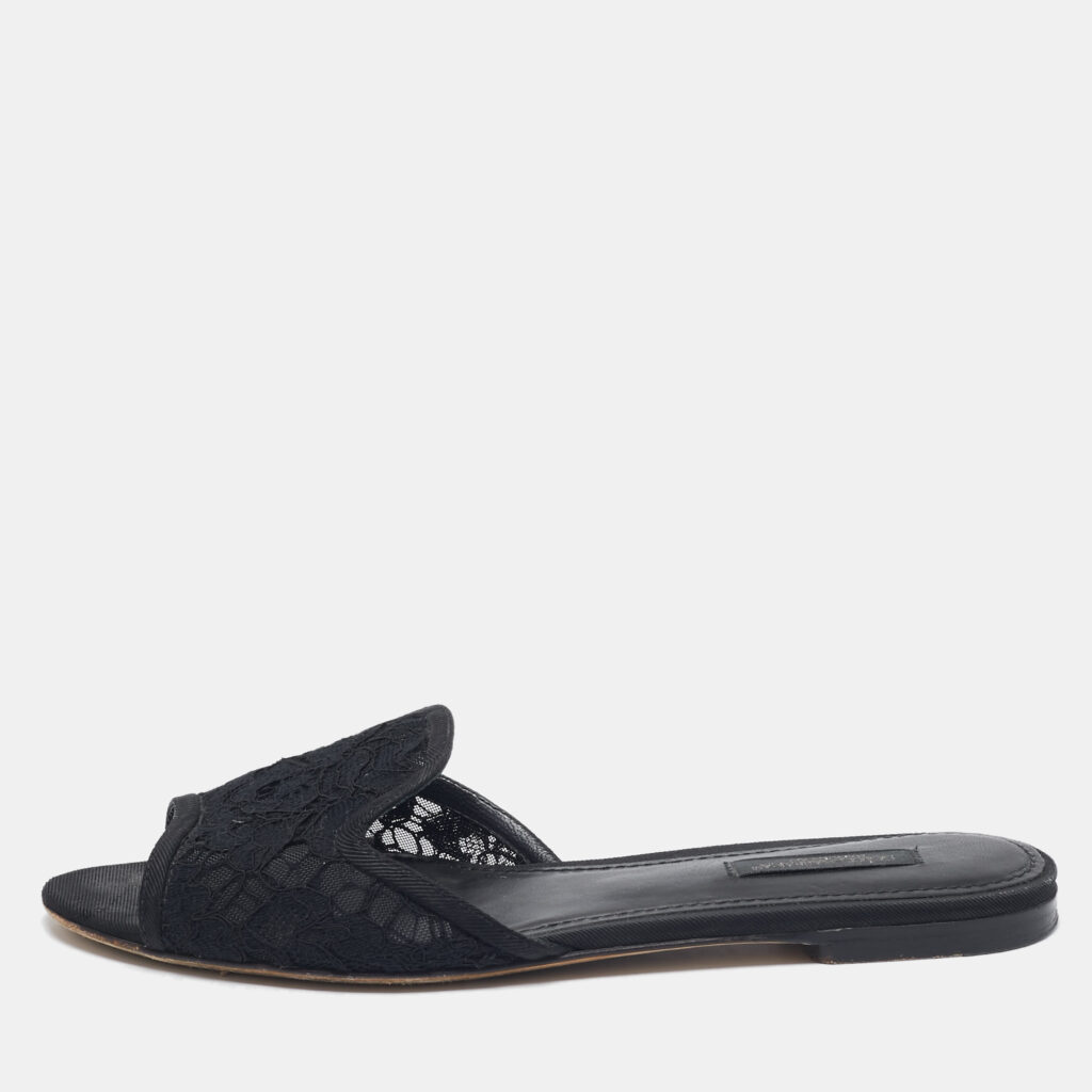 luxury-women-dolcegabbana-used-shoes-p1108760-001 Dolce & Gabbana Black Lace and Mesh Flat Slides Size 36.5
