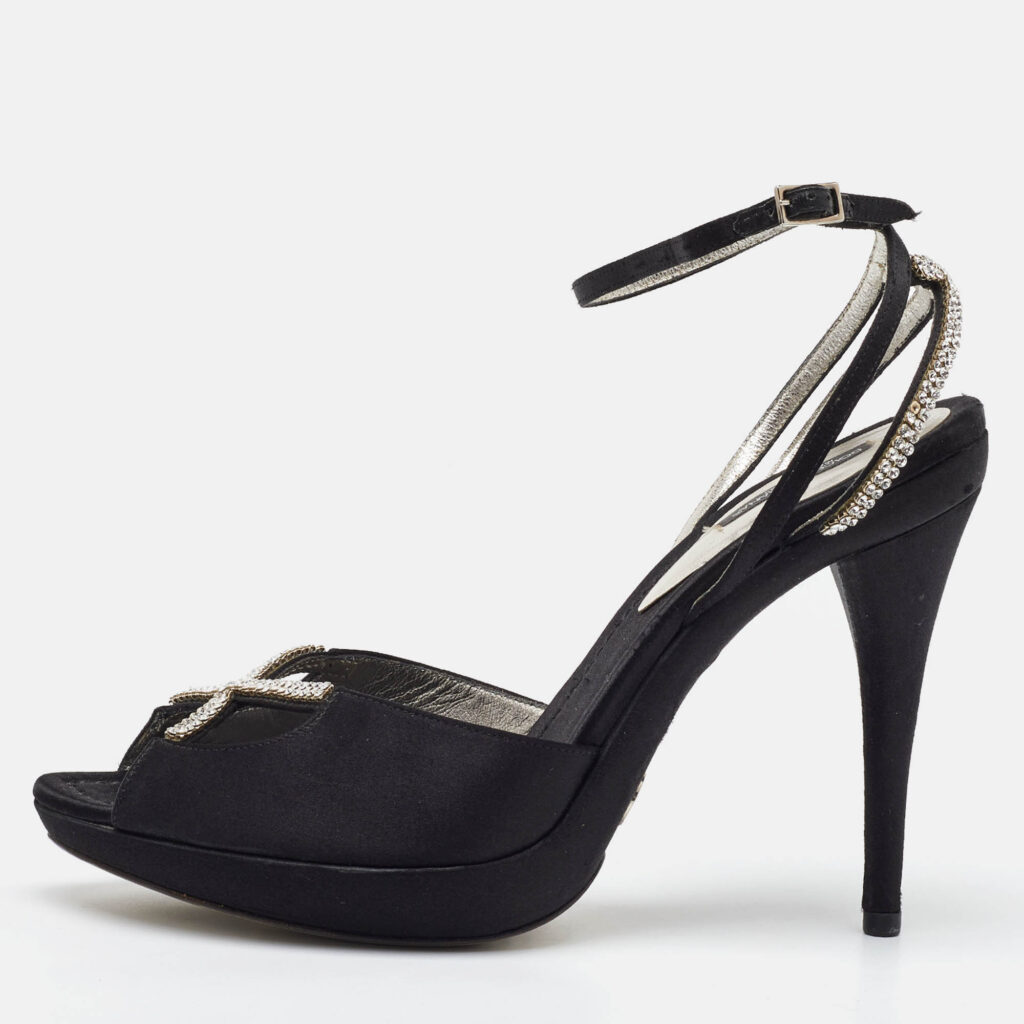 luxury-women-dolcegabbana-used-shoes-p1114023-010 Dolce & Gabbana Black Suede Crystal Embellished Ankle Strap Sandals Size 40