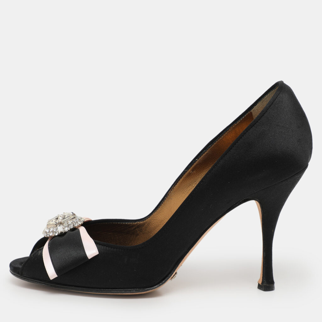 Dolce & Gabbana Black Satin Crystal Bow Embellished Pumps Size 36