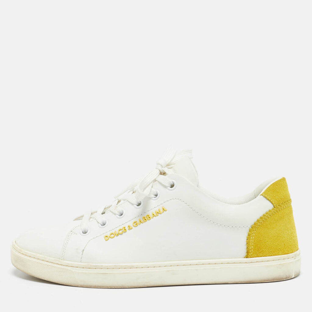 Dolce & Gabbana White/Yellow Leather and Suede Low Top Sneakers Size 37
