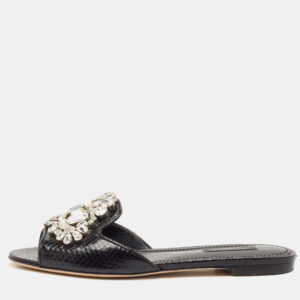 Dolce & Gabbana Black Snakeskin Bianca Crystals Slide Flats Size 37.5