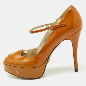 Dolce & Gabbana Brown Patent Leather Platform Peep Toe Mary Jane Pumps Size 37