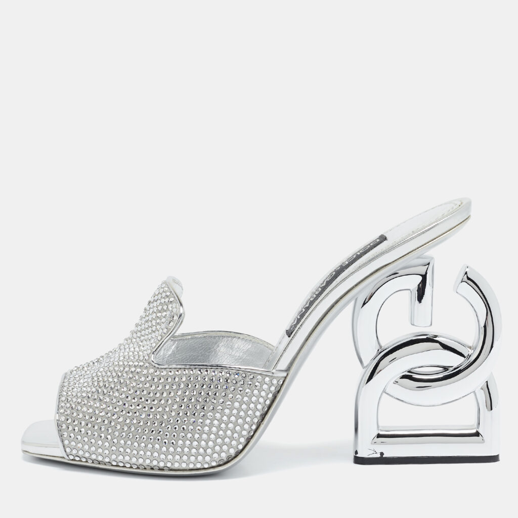 luxury-women-dolcegabbana-used-shoes-p1130710-001 Dolce & Gabbana Silver Satin Crystal Embellished Keira Slide Sandals Size 41