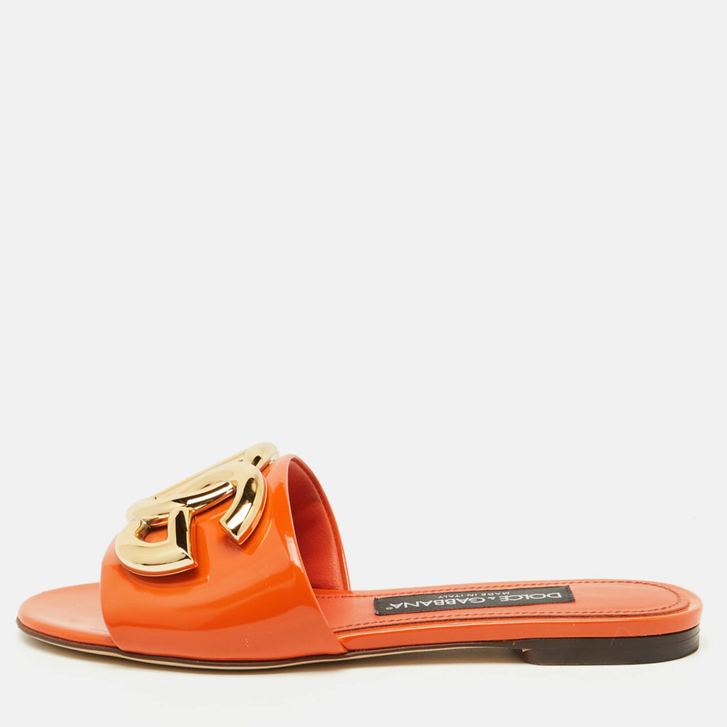 luxury-women-dolcegabbana-used-shoes-p1132292-010 Dolce & Gabbana Orange Patent Leather DG Logo Flat Slide Sandals Size 36