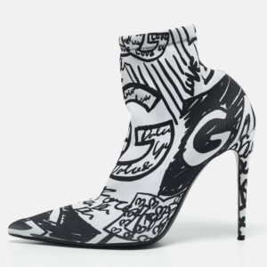 Dolce & Gabbana Black/White Stretch Knit Graffiti Sock Ankle Length Boots Size 39