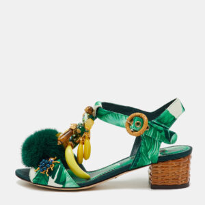 Dolce & Gabbana Green Mink Fur and Satin Banana Leaf T-Strap Sandals Size 36
