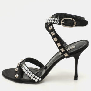 dolce & gabbana black satin crystal and studs embellished ankle strap sandals size 40