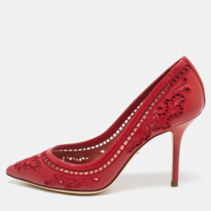 Dolce & Gabbana Red Leather and Lace Laser Cutout Pumps Size 36.5