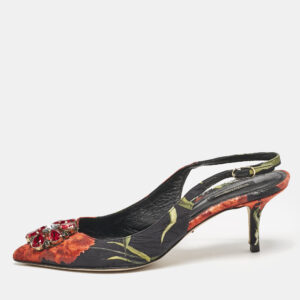 dolce & gabbana multicolor brocade fabric crystal embellished slingback  pumps size 40.5