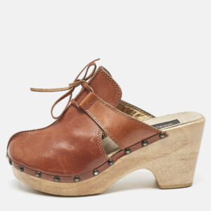 Dolce & Gabbana Brown Leather Bow Wooden Clogs Size 39