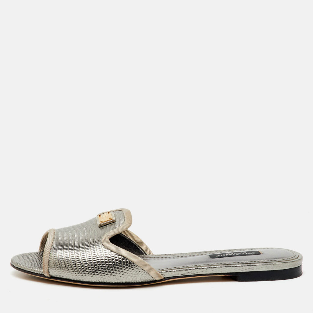 luxury-women-dolcegabbana-used-shoes-p1147093-010 Dolce & Gabbana Silver Iguana Laminated Leather Flat Slide Sandals Size 36.5