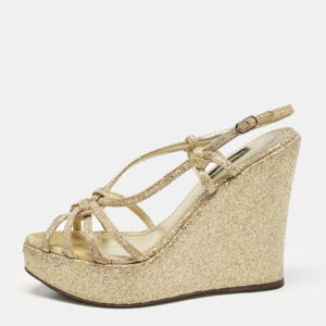 dolce & gabbana gold glitter and canvas wedge sandals size 36