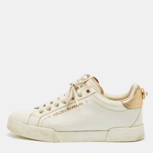 Dolce & Gabbana White Leather Pearl Embellished Portofino Sneakers Size 38