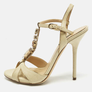 Dolce & Gabbana Beige Lizard Crystal Embellished Ankle Strap Sandals Size 38