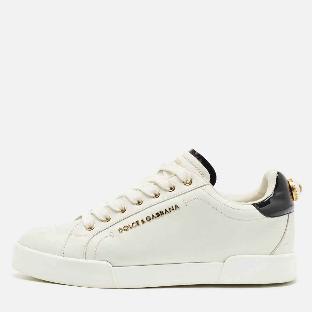 luxury-women-dolcegabbana-used-shoes-p1153248-010 Dolce & Gabbana White Leather Portofino Embellished Low Top Sneakers Size 39.5