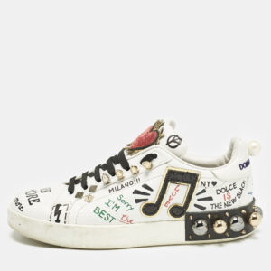 Dolce & Gabbana White Leather Portofino Graffiti Heart Applique Low top Sneakers Size 39