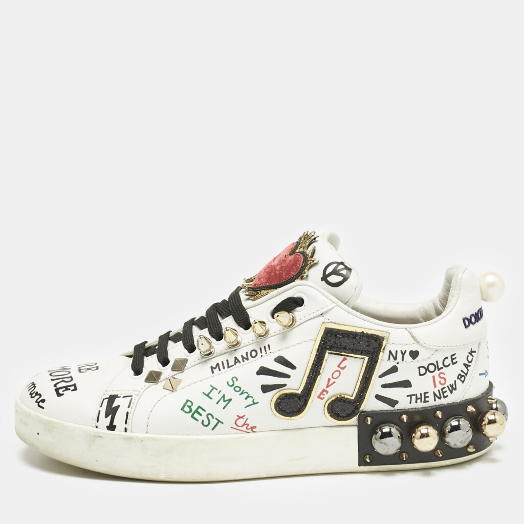 luxury-women-dolcegabbana-used-shoes-p1156586-004 Dolce & Gabbana White Leather Portofino Graffiti Heart Applique Low top Sneakers Size 39
