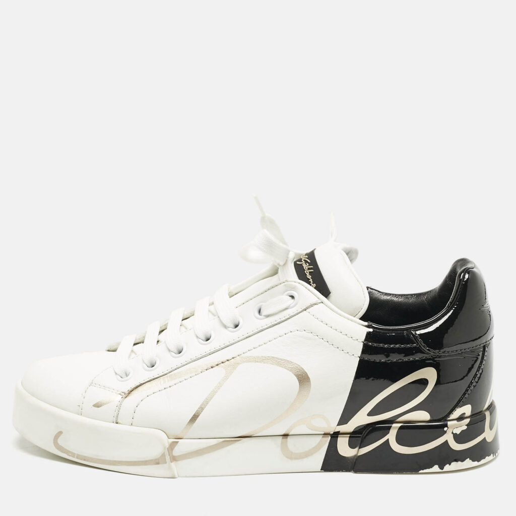 luxury-women-dolcegabbana-used-shoes-p1157979-010 Dolce and Gabbana White/Black Leather Portofino Low Top Sneakers Size 38