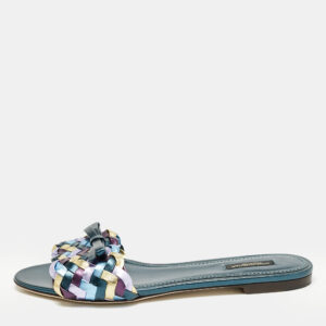 Dolce & Gabbana Multicolor Metallic Leather Woven Bow Flat Slide Sandals Size 40