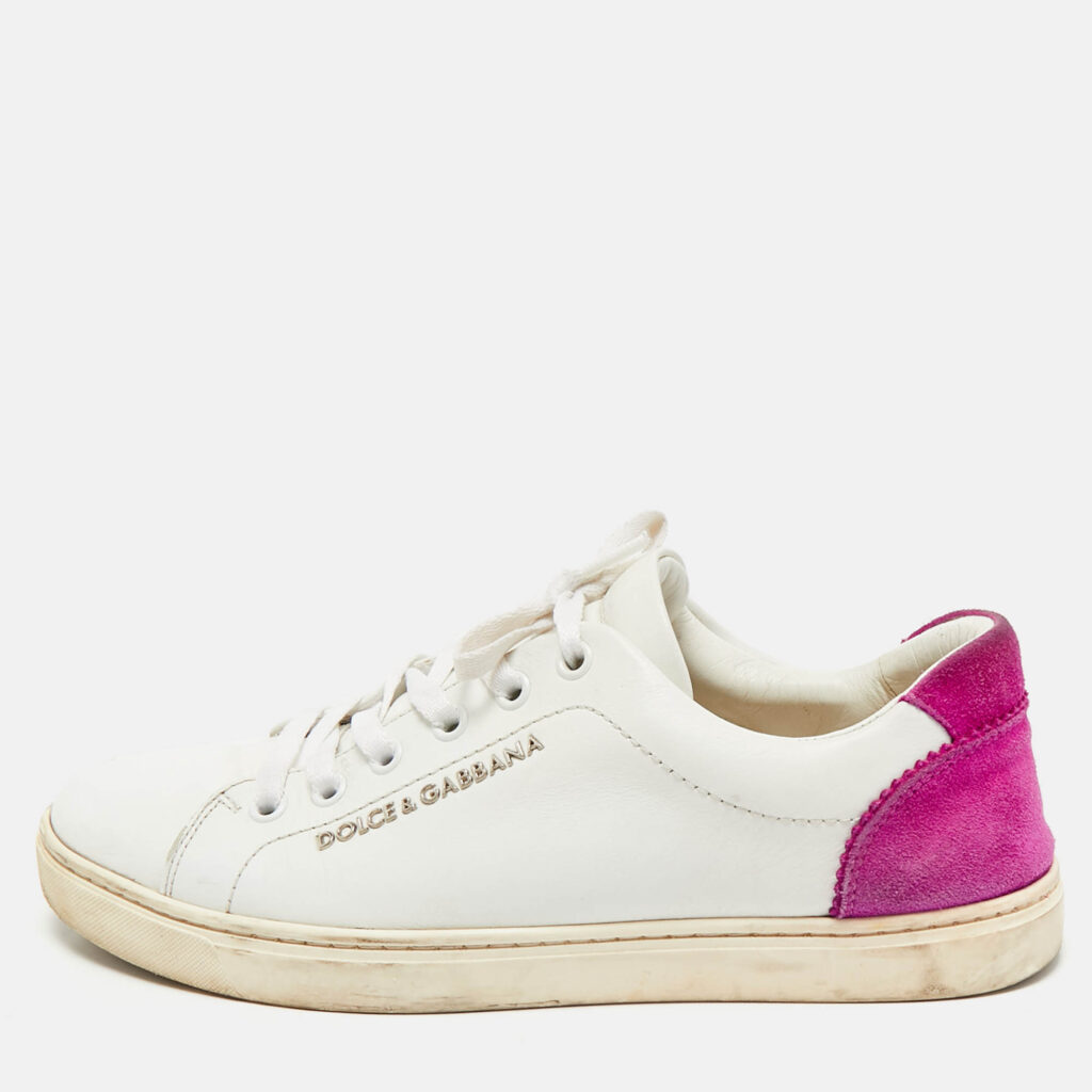 Dolce & Gabbana White/Pink Leather and Suede Low Top Sneakers Size 37