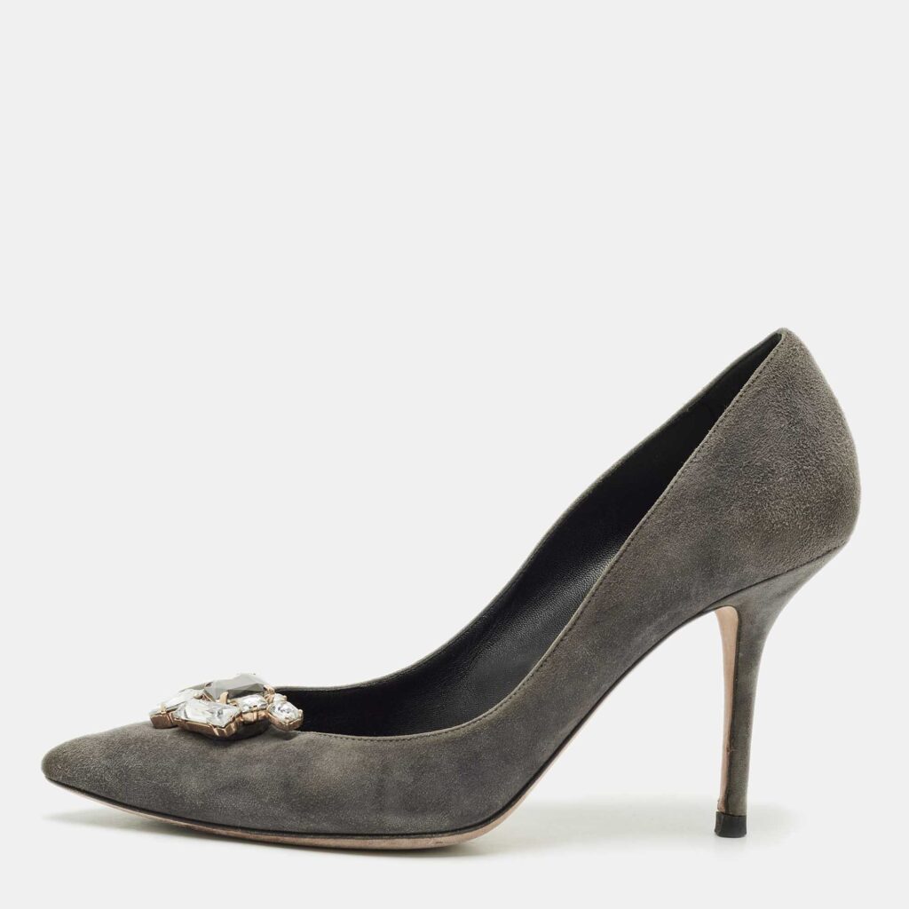 luxury-women-dolcegabbana-used-shoes-p1158865-003 Dolce & Gabbana Grey Suede Crystal Embellished Pointed Toe Pumps Size 40